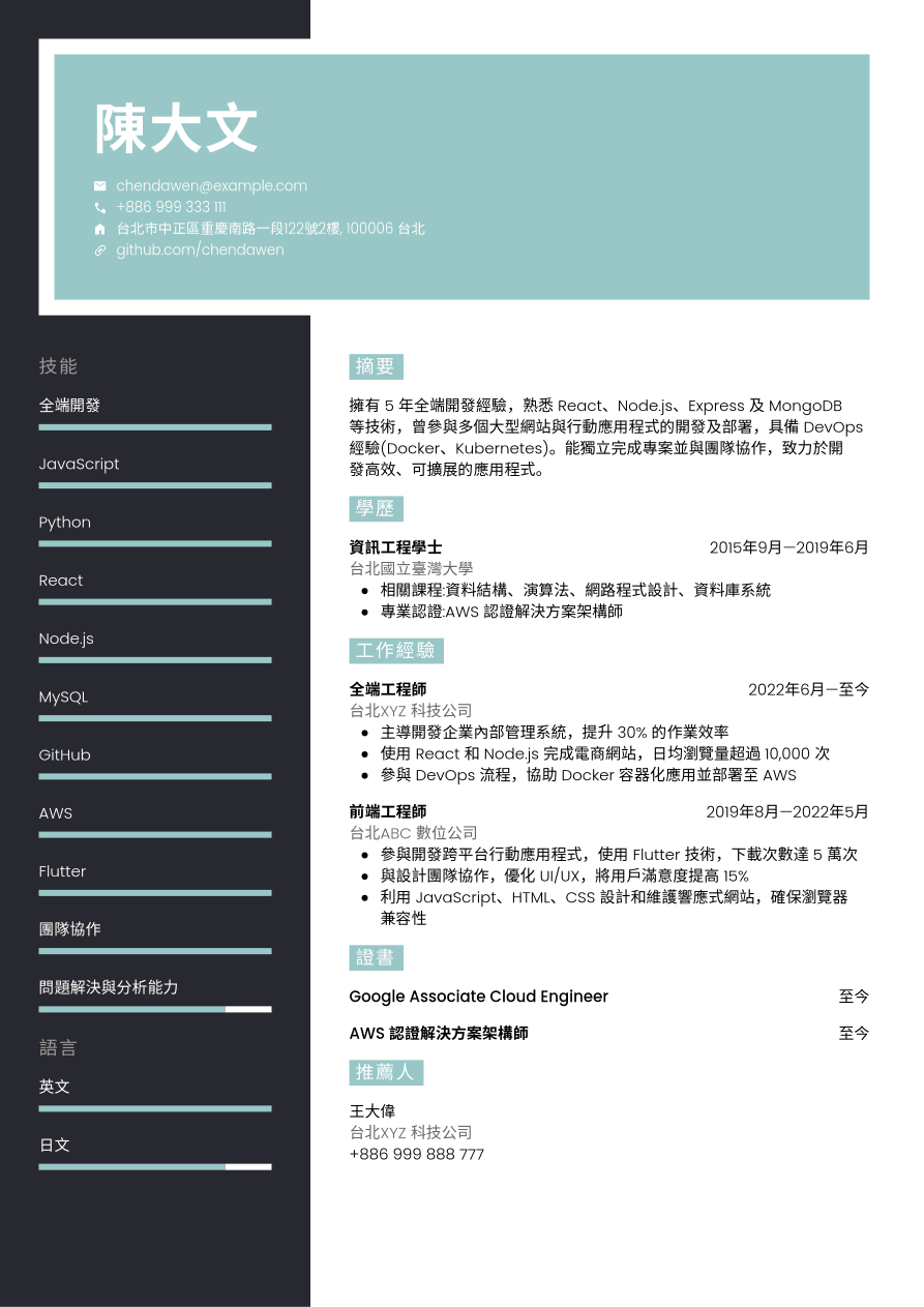 軟體工程師履歷表範例(2026年) - CVwizard