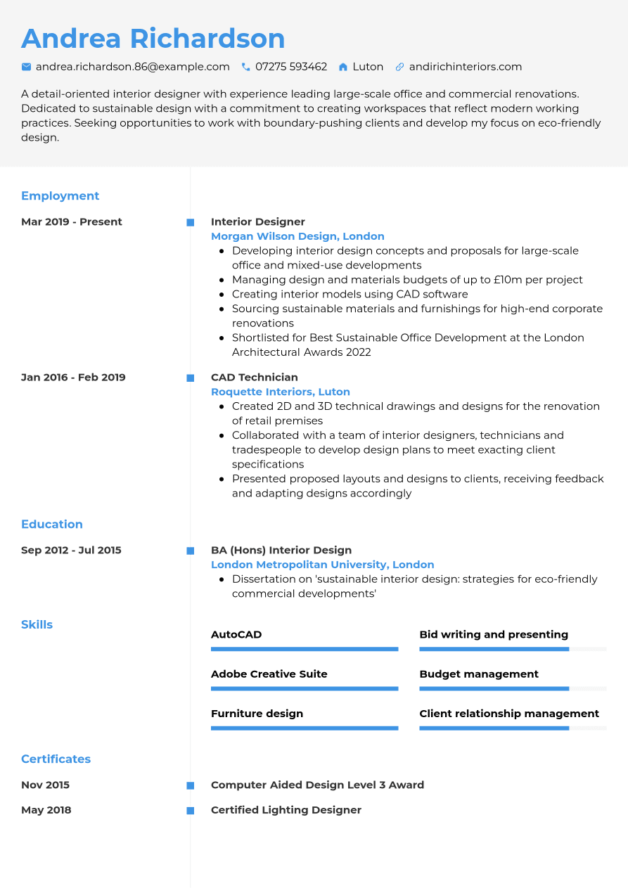 Interior Designer CV Example - CVwizard