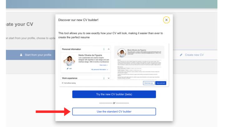 Kies de standaard-versie van de Europass-tool