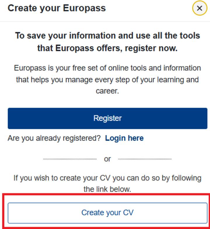 Verá uma janela modal em inglês (trata-te de um bug do site), onde deve selecionar “Create your CV”.