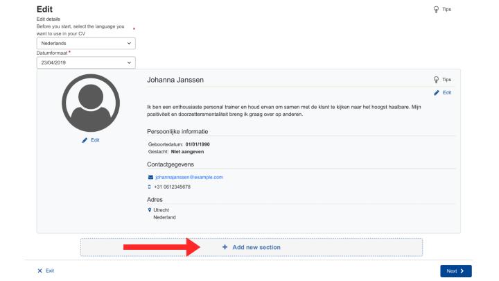 Nieuw onderdeel aan je cv toevoegen