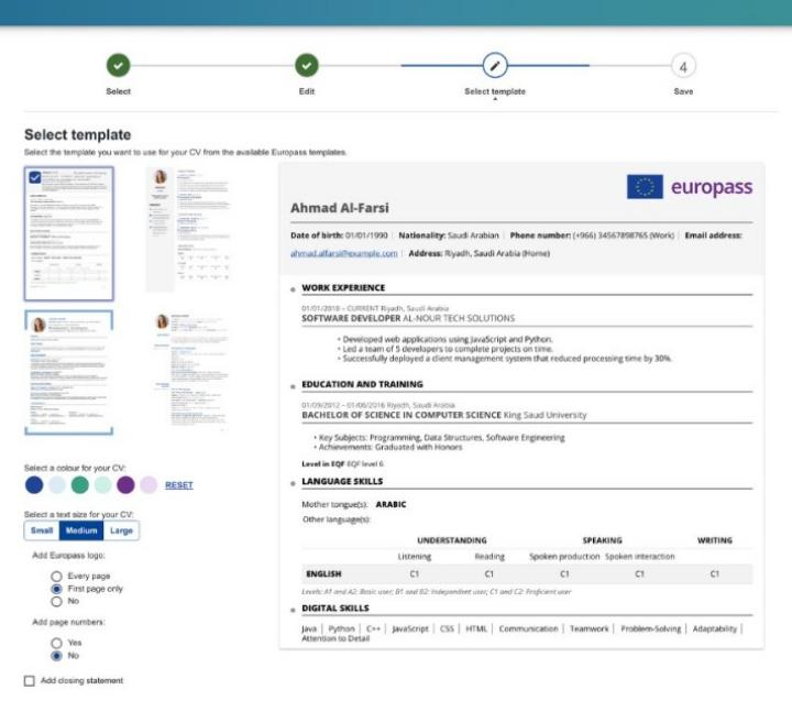اختيار قالب السيرة الذاتية Europass وتخصيص المظهر