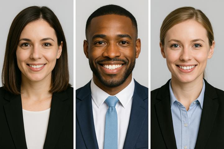 Exemple de photo CV professionnelle : portraits bien cadrés, fond neutre et tenue professionnelle