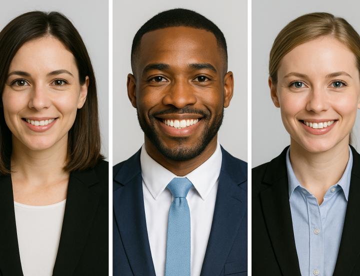 good resume photos that are okay to add to resumes. three professional headshots with smart casual clothes and appropriate facial expressions.