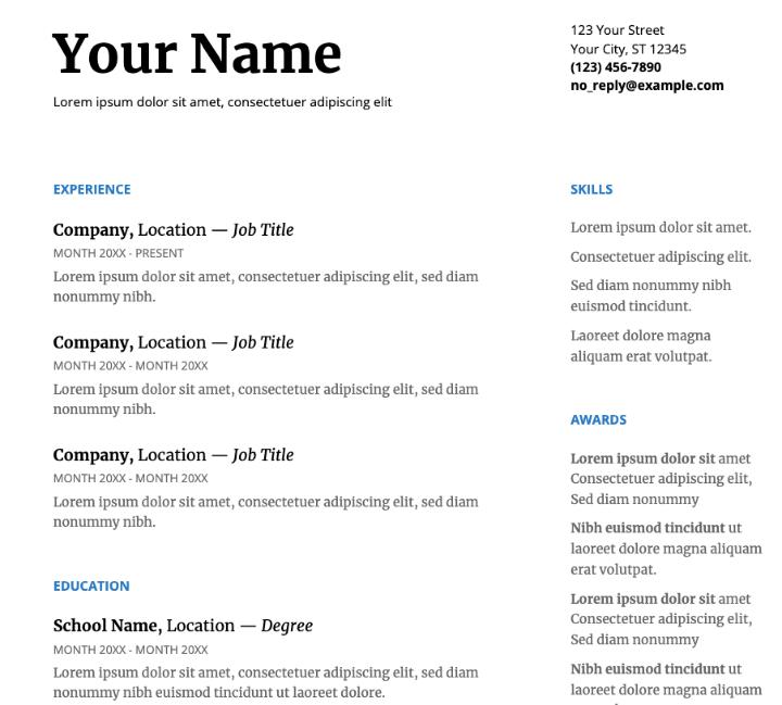 Serif Resume template of Google Docs