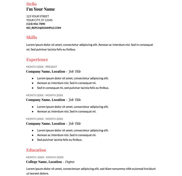 Coral resume template of Google Docs