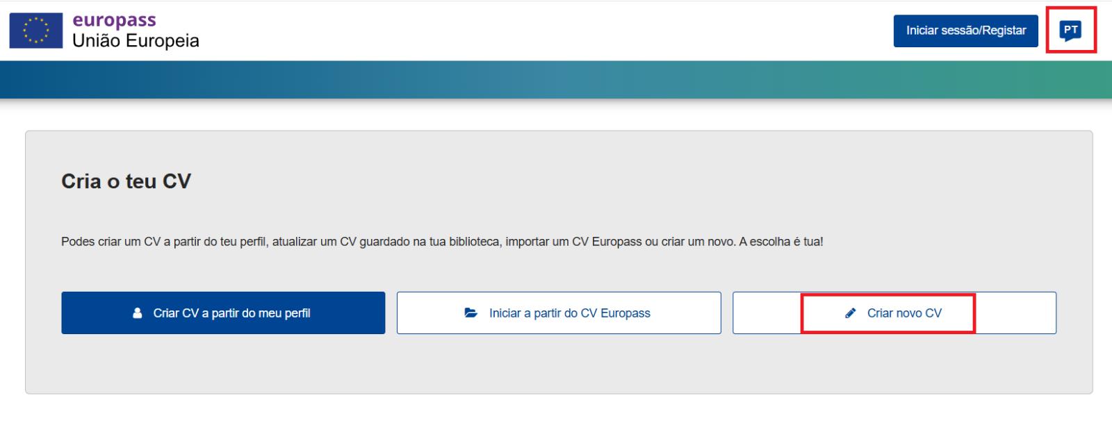 escolha a língua portuguesa no canto superior direito e, em seguida, clique em “Criar novo CV"