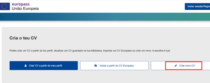 escolha a língua portuguesa no canto superior direito e, em seguida, clique em “Criar novo CV