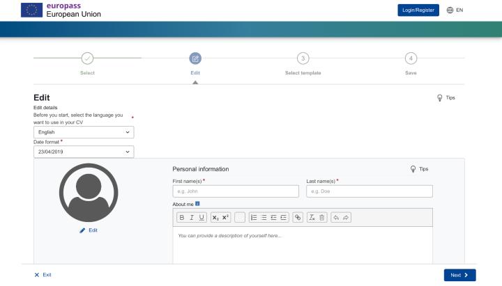 Europass cv maken - persoonlijke informatie invullen