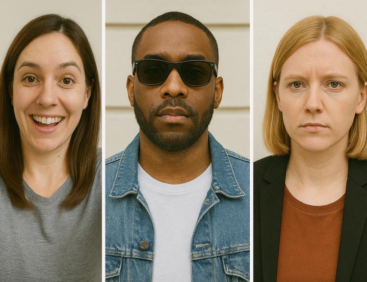 three photo examples that are not good to add to resumes. one with an out of focus, too wide smile, one with sunglasses and one frowning.