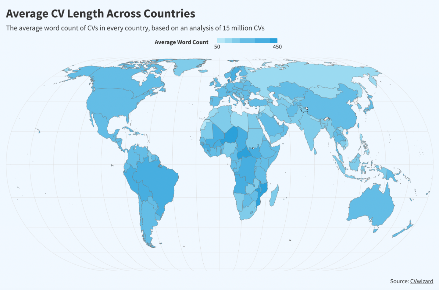 Difference in CV lengths across the world, comparing countries. Longest CVs being in Denmark, Sweden, Switzerland.