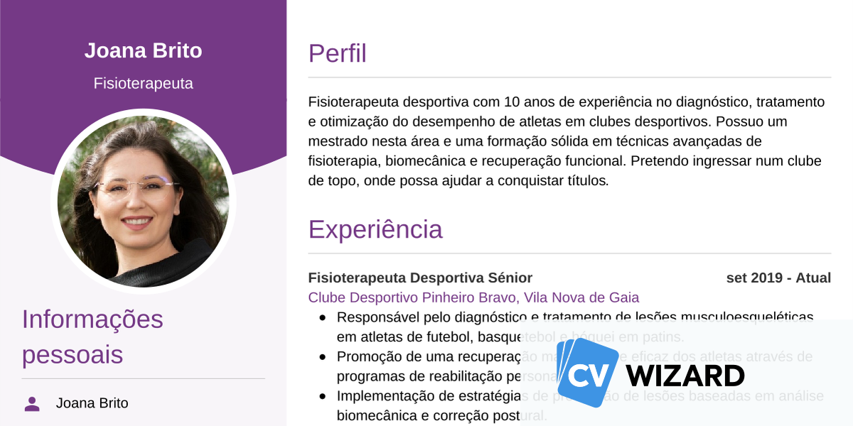 Exemplo de curriculum vitae para fisioterapeuta - CVwizard