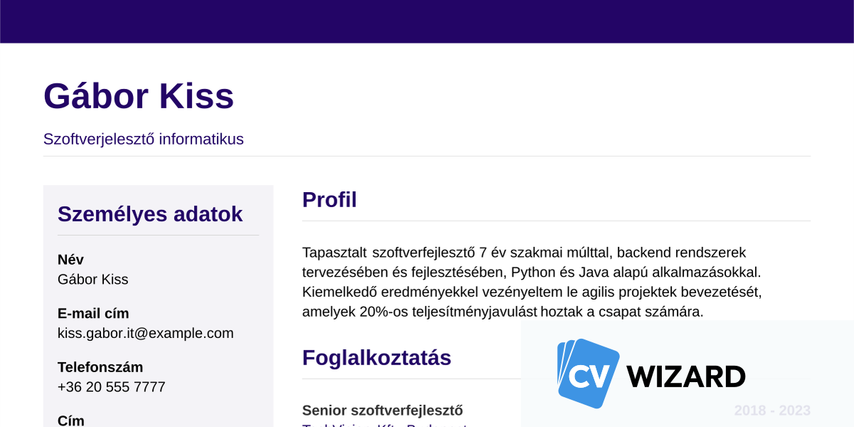 Informatikus önéletrajz példa (2026) - CVwizard